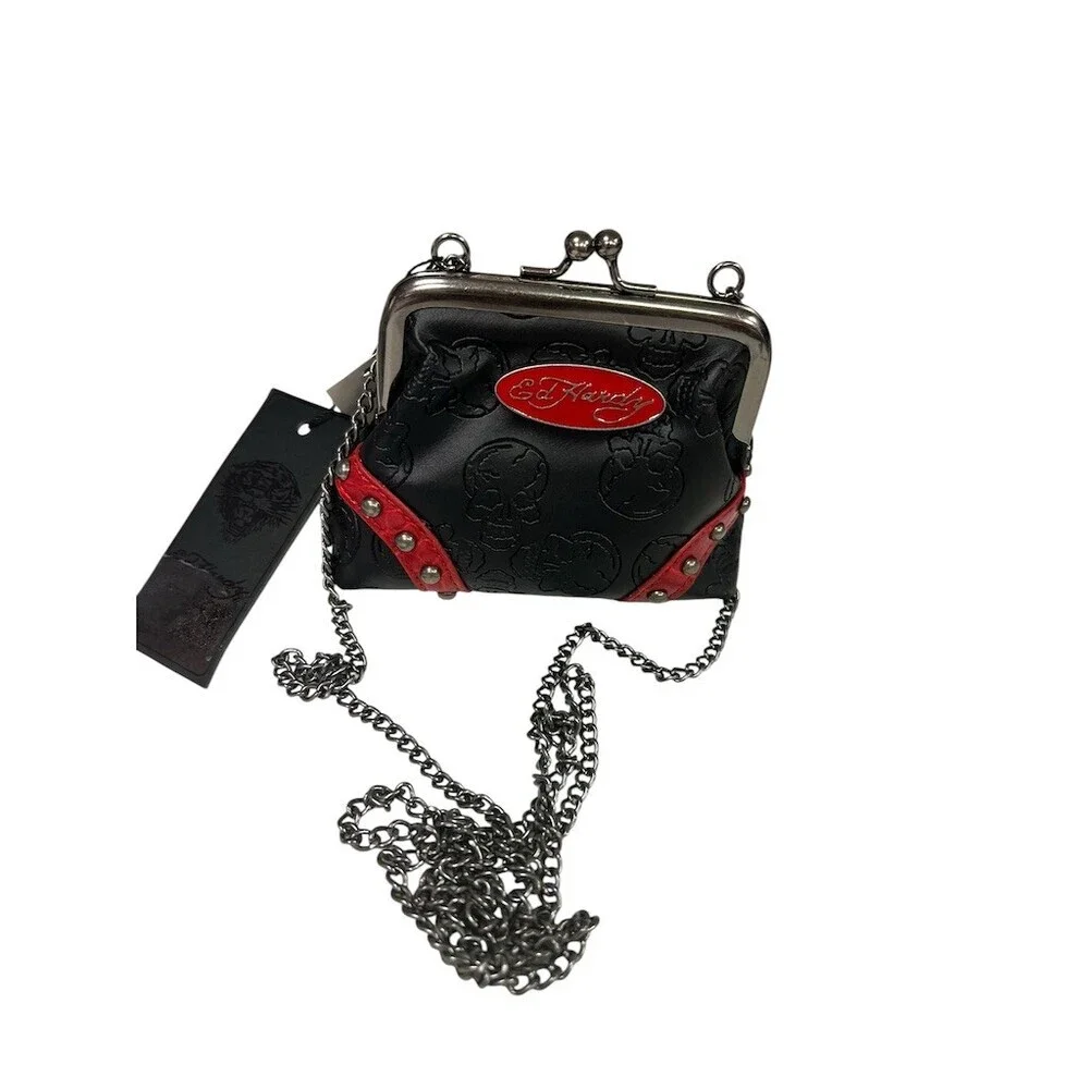 Ed Hardy Skull Kisslock Coin Purse Micro Crossbody Mini Bag Chain Strap